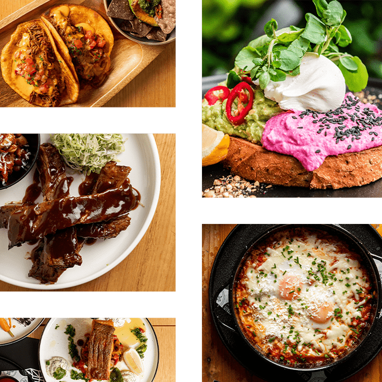 A collage of gourmet dishes from The Winey Cow, featuring tacos, poached egg toast, BBQ ribs, baked eggs, and an assorted brunch plate.