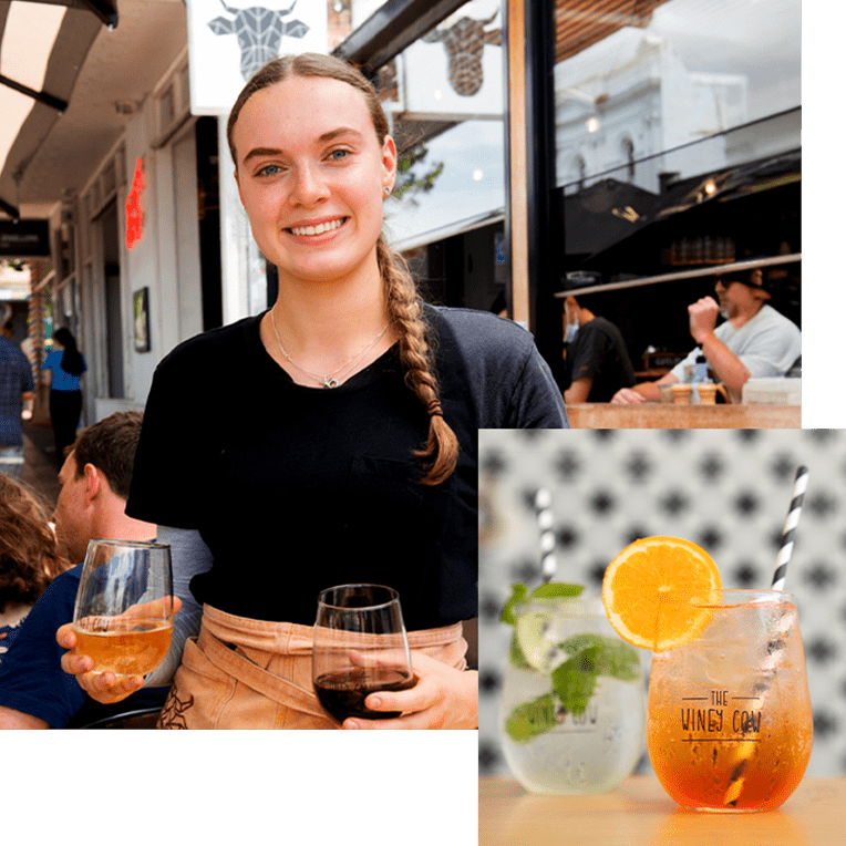 A beautiful young waitress holding two drinks in her hand with a second image layered on top of two cocktails.