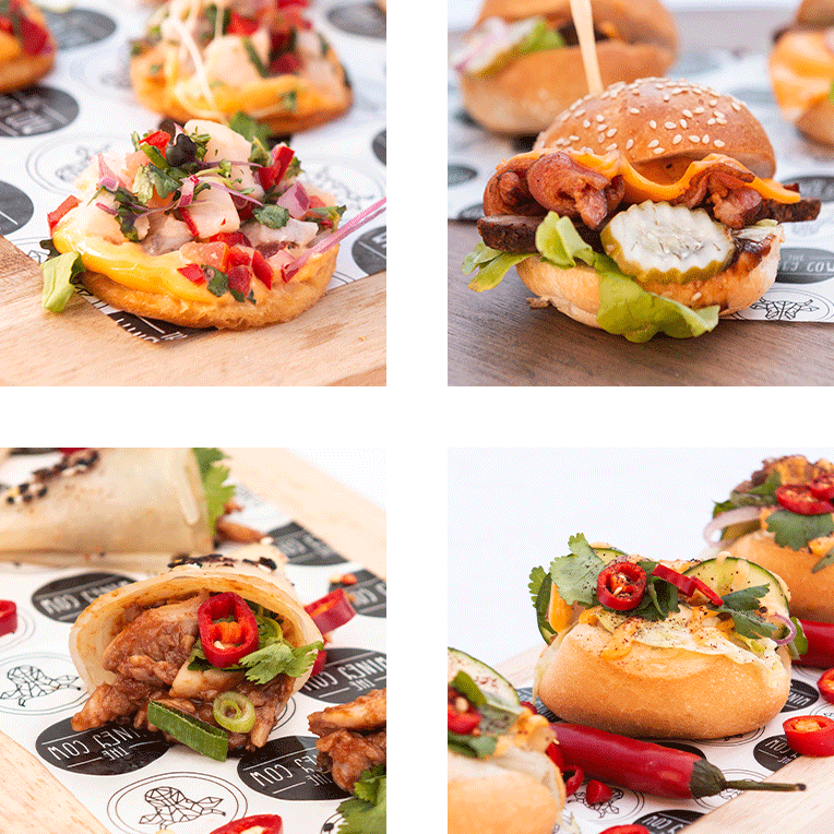 A collage grid of four delicious small bite catering options.