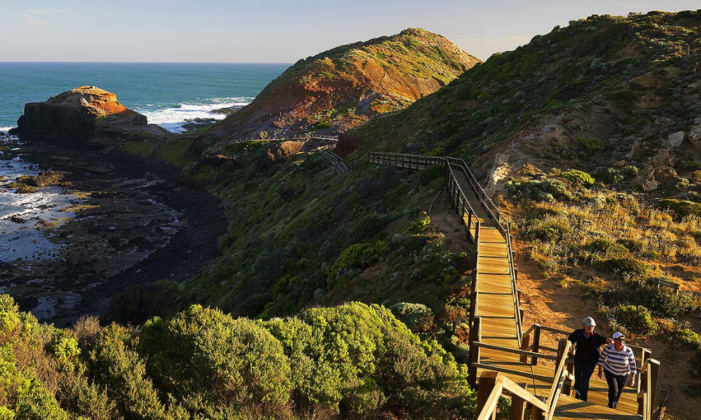 Photo of the bay in the Mornington Peninsula region, with green bushes and rolling hills.